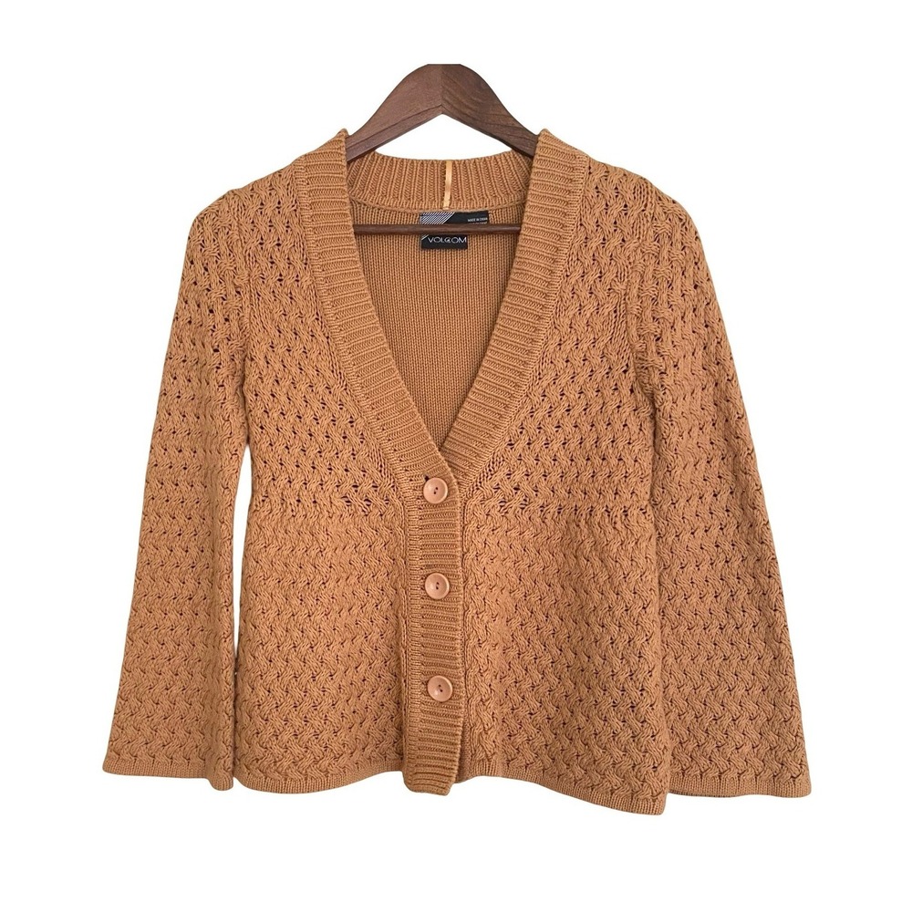 Volcom‎ Chunky Cardigan Sweater XS Brown Cotton Bell Sleeve V-Neck